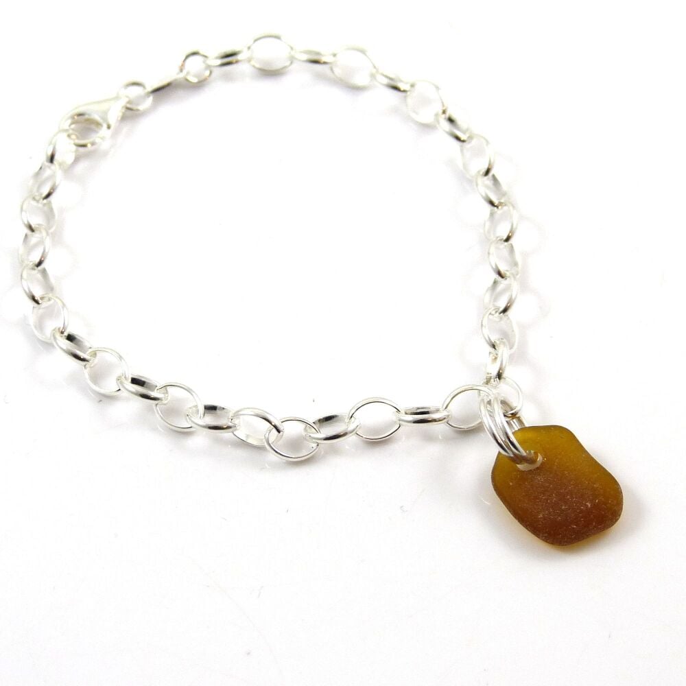 Pale Amber Sea Glass and Sterling Silver Chain Bracelet 4mm links