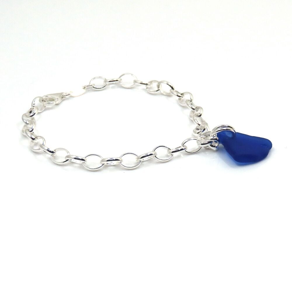 Sea Glass and Sterling Silver Chain Bracelet 4mm links - COBALT