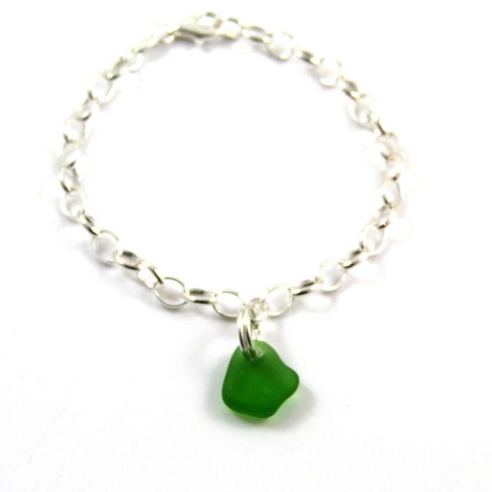 Bright Kelly Green Sea Glass and Sterling Silver Bracelet 4mm links