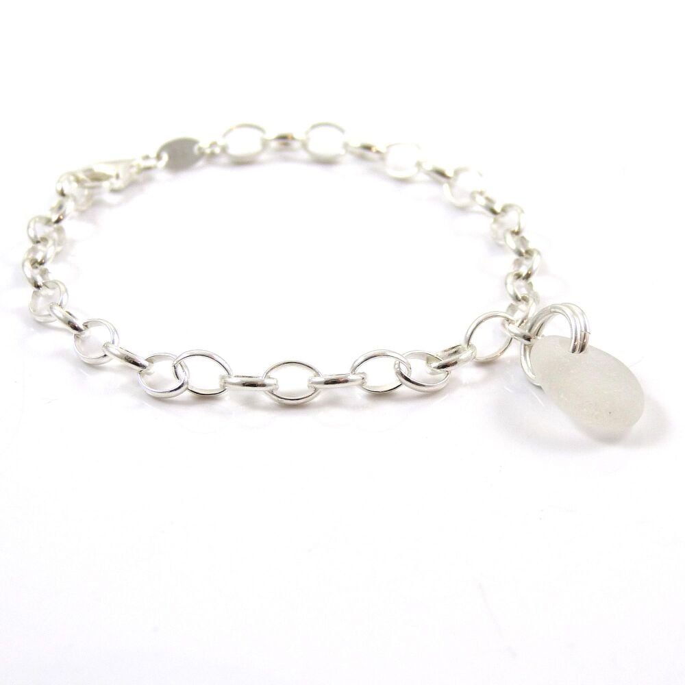 White Sea Glass and Sterling Silver Bracelet 4mm links