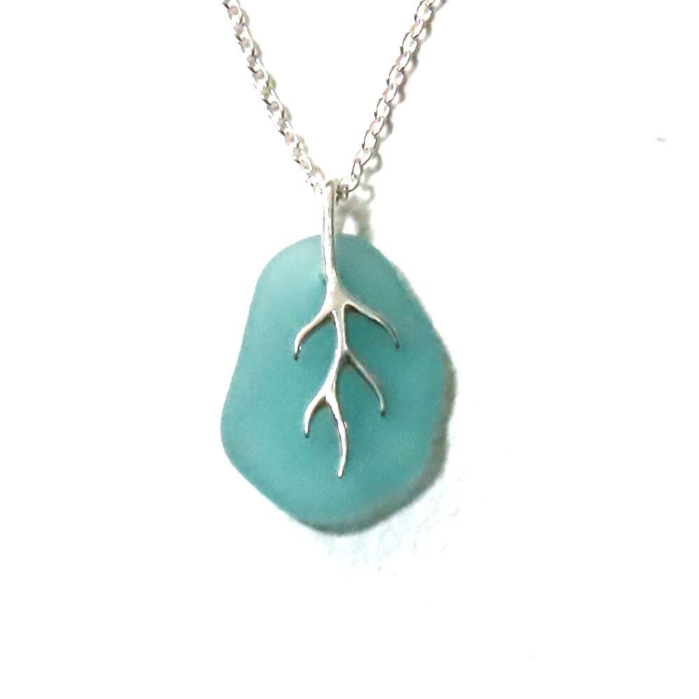 Pale Aqua Sea Glass And Silver Tendril Pendant Necklace - VIVIEN