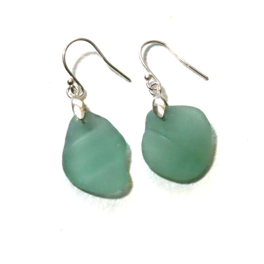 Teal Sea Glass Sterling Flower Silver Drop Earrings e363
