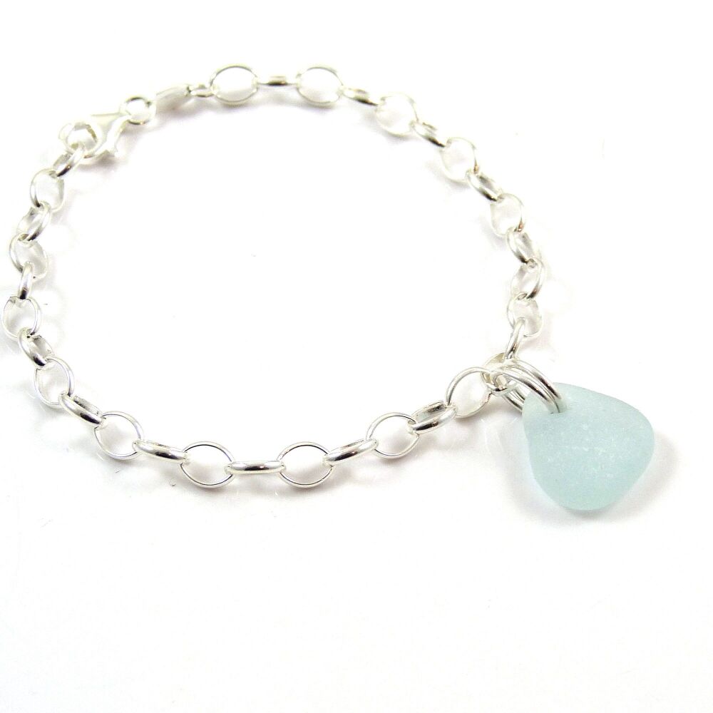 Pale Blue Sea Glass and Sterling Silver Bracelet 4mm links