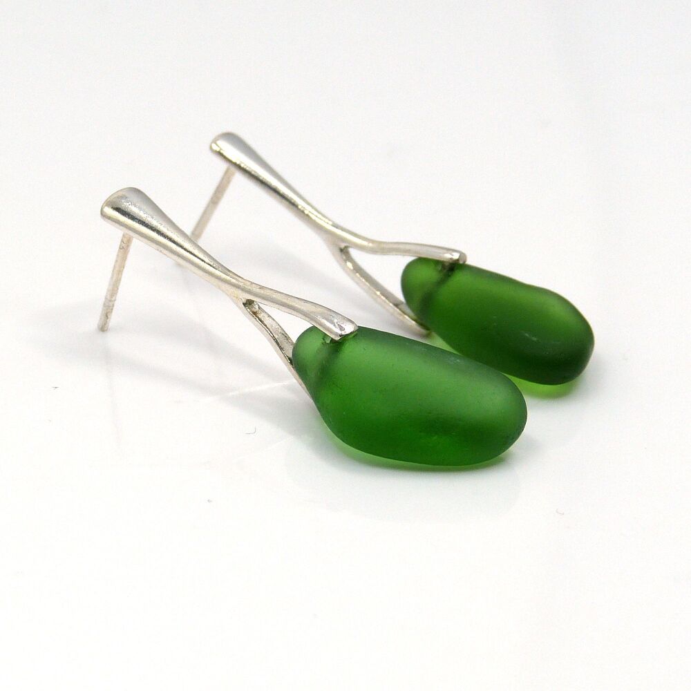 Green Sea Glass Sterling Silver Stud Earrings
