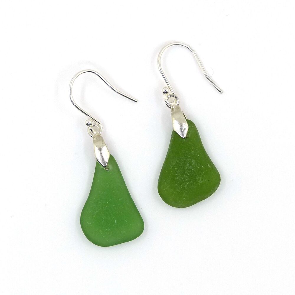 Green Sea Glass Sterling Silver Drop Earrings  e263
