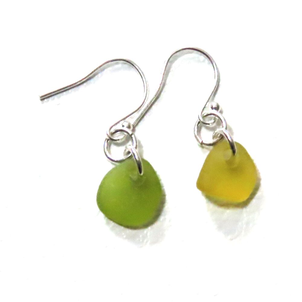 Tiny Lemon and Lime Sea Glass and Sterling Silver Earrings e367