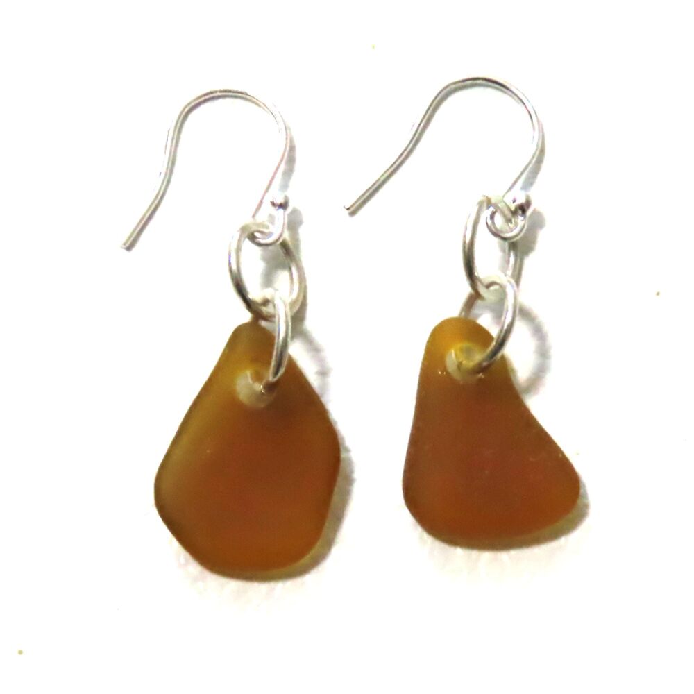 Amber Sea Glass Sterling Silver Drop Earrings, Birthday Gift, Gift for Mum 