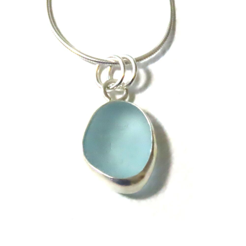 Tiny Bezel Set Seafoam Blue Sea Glass Pendant Necklace LIANA