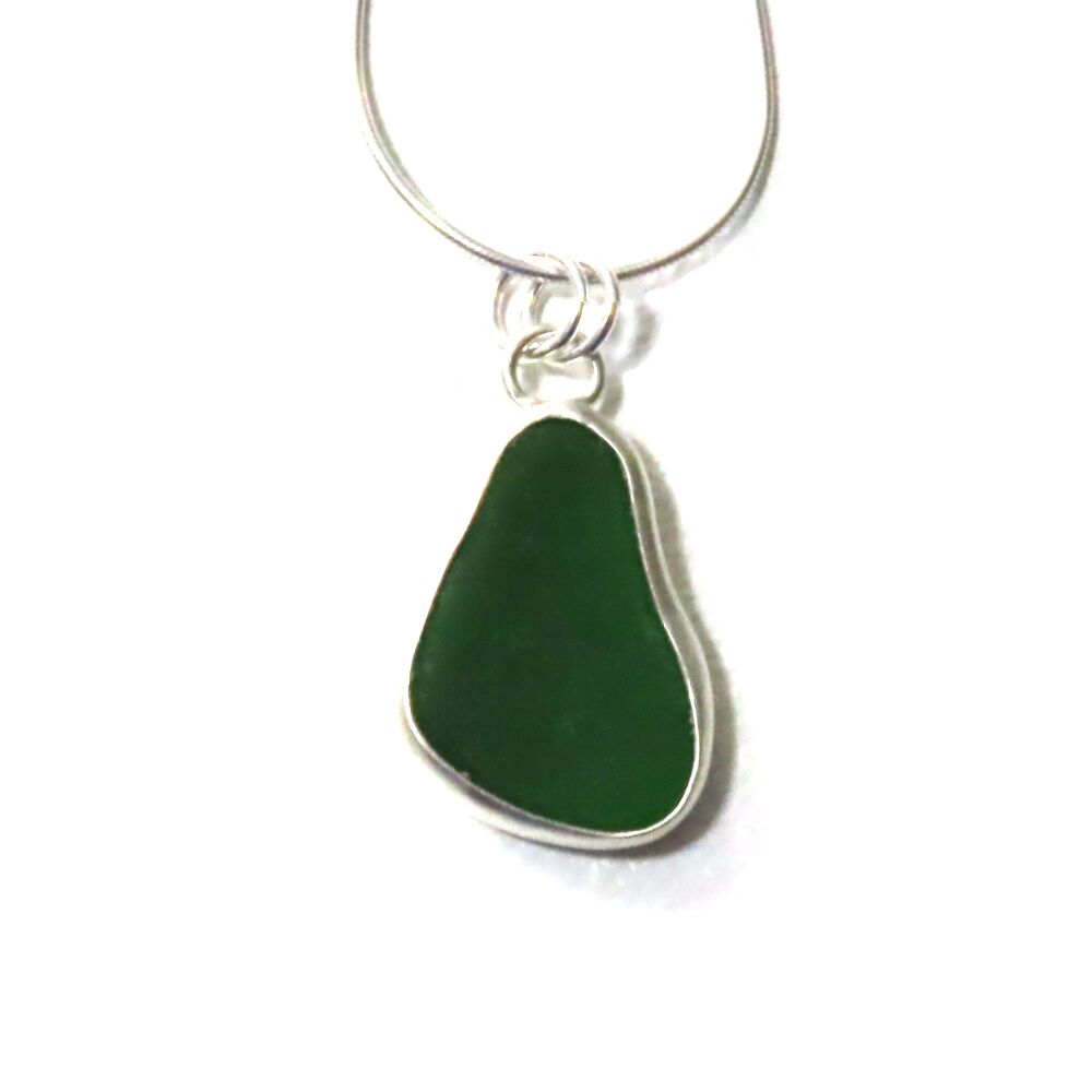 Forest Green Bezel Set Sea Glass Pendant Necklace FRANCINE