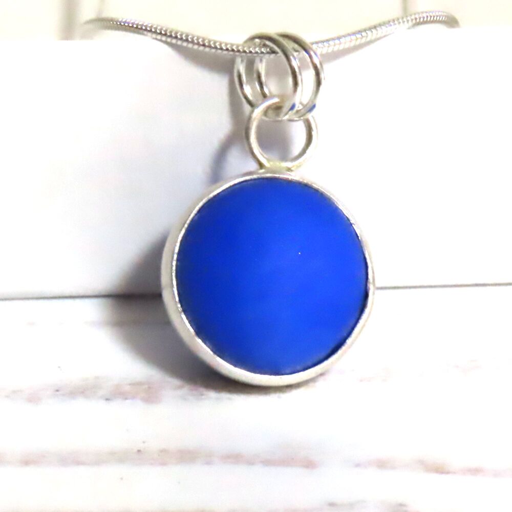 Sea Glass Marble Necklace Cobalt Blue English Seaglass Sterling Silver Necklace