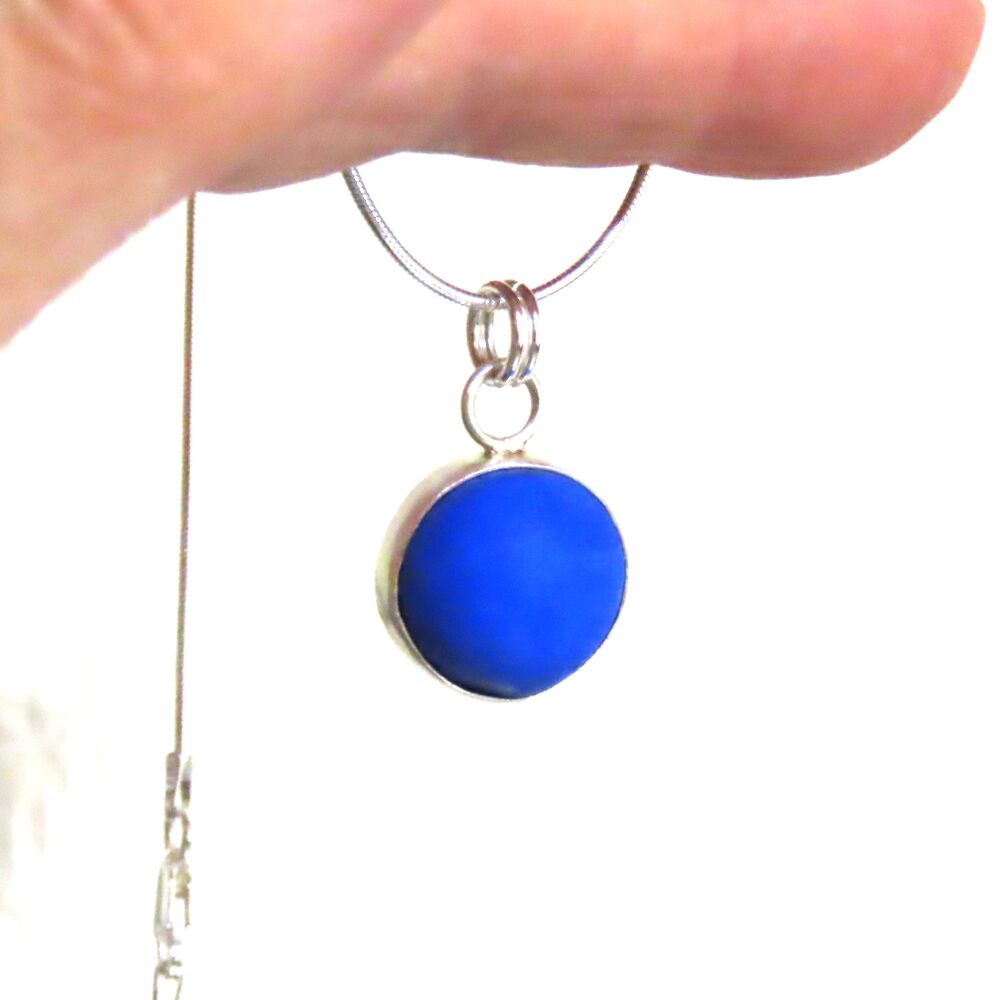 Sea Glass Marble Necklace Cobalt Blue English Seaglass Sterling Silver Necklace