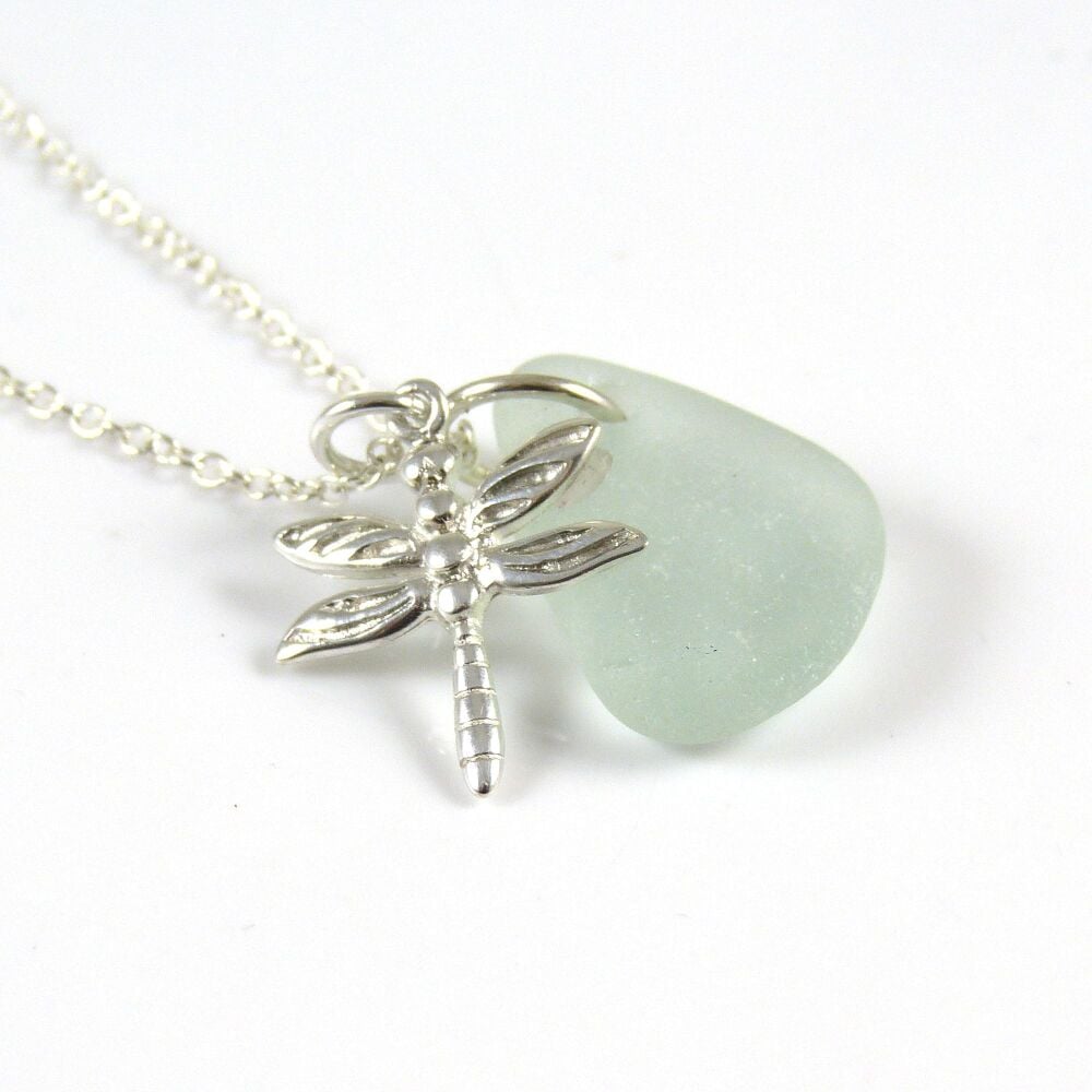 Seafoam Blue Sea Glass Necklace, Sterling Silver Necklace, Dragonfly Necklace, Gift for Friend