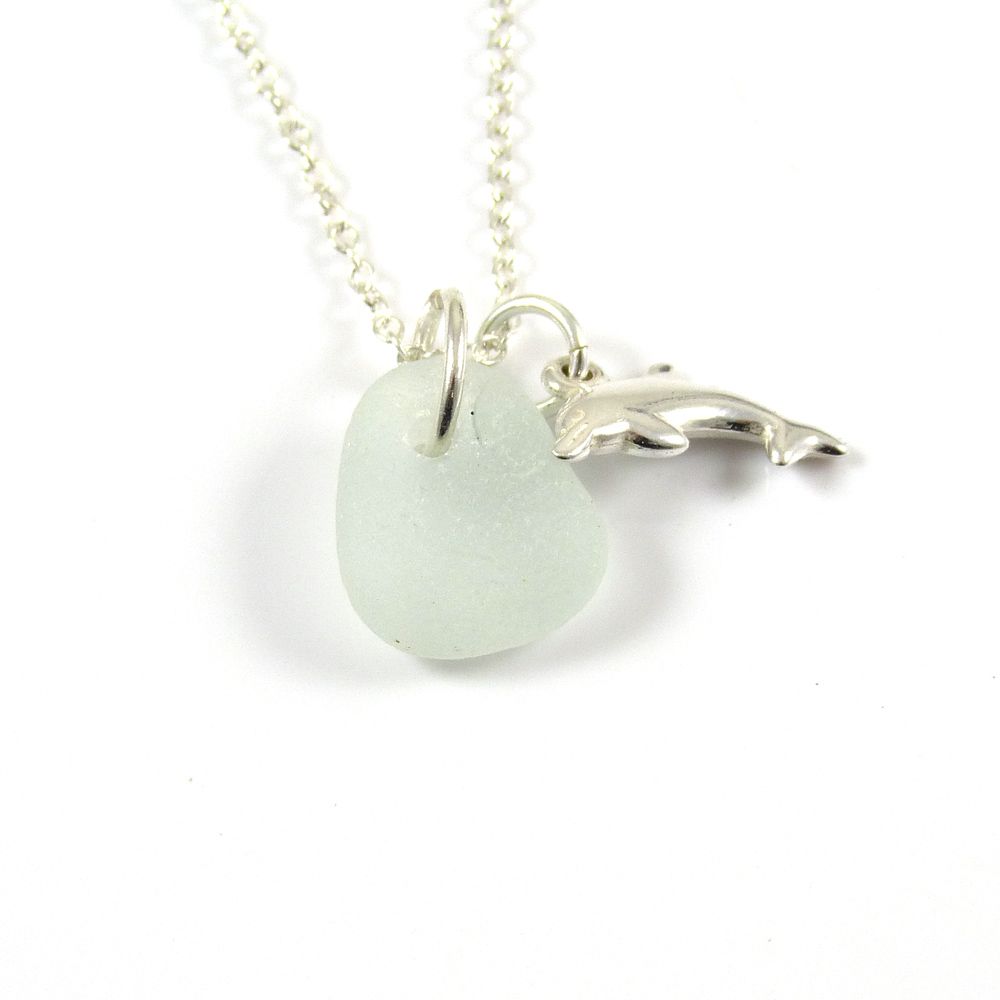 Sea Glass Necklace, Sterling Silver Necklace, Dolphin Necklace, Gift for Mum, Seaglass Jewellery