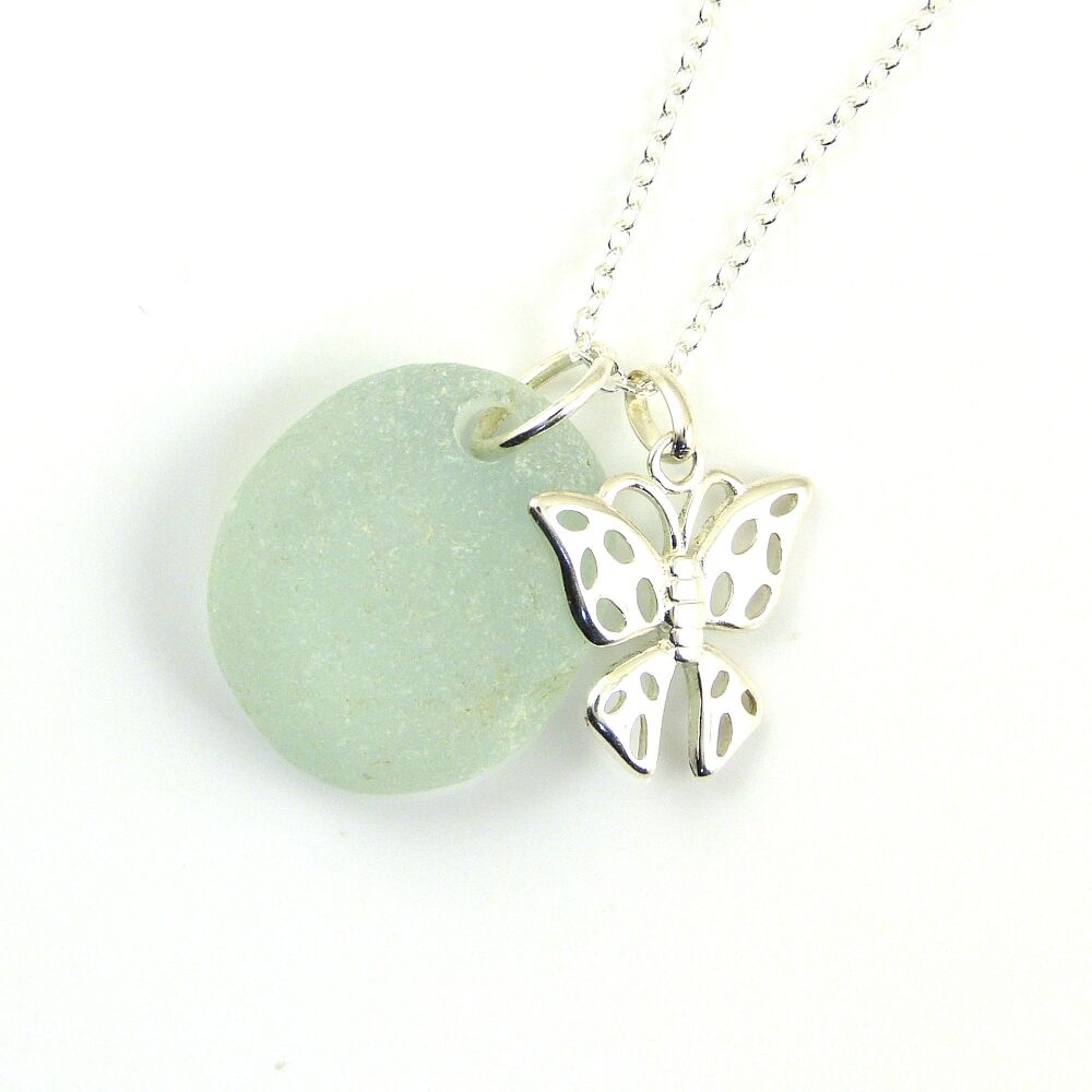 Seafoam Blue Sea Glass and Sterling Silver Filigree Butterfly Charm Necklace