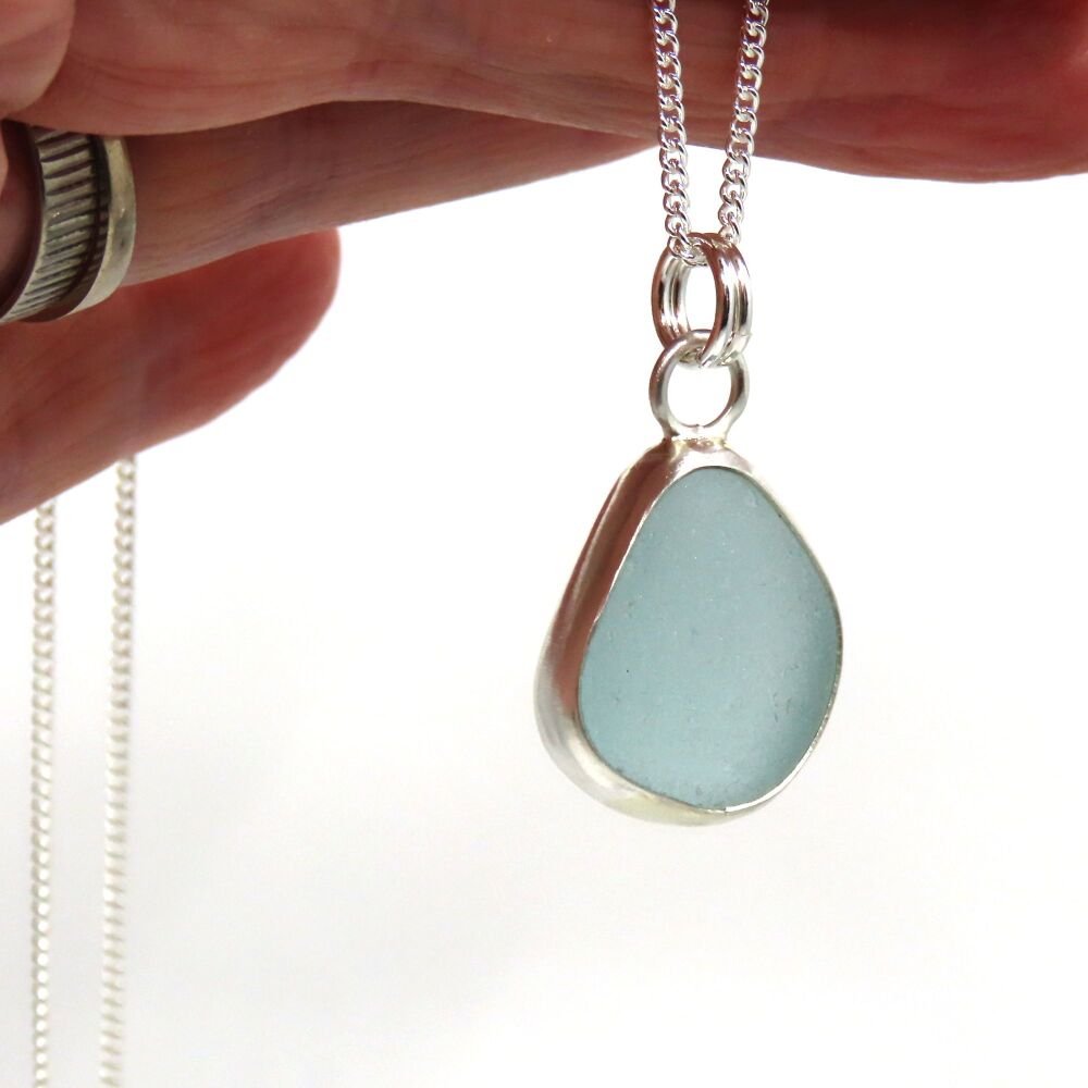 Bezel Set Aqua Blue Sea Glass Pendant Necklace ISABELLA