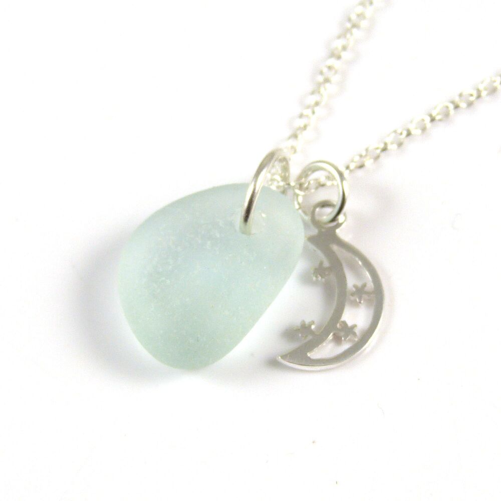 Seafoam Blue Sea Glass and Sterling Silver Moon and Stars Necklace