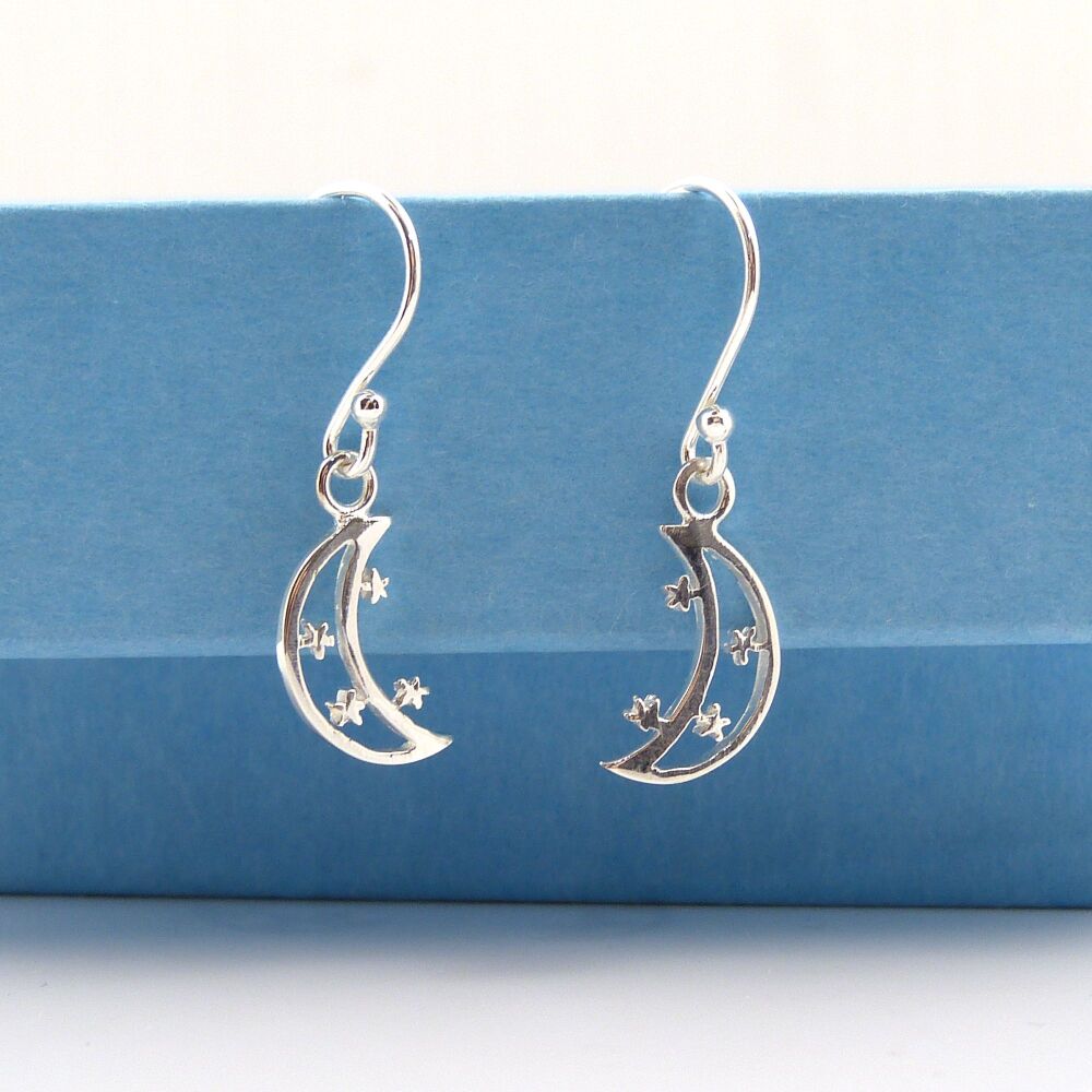 Tiny Sterling Silver Moon and Stars Drop Earrings, Gift for Friend