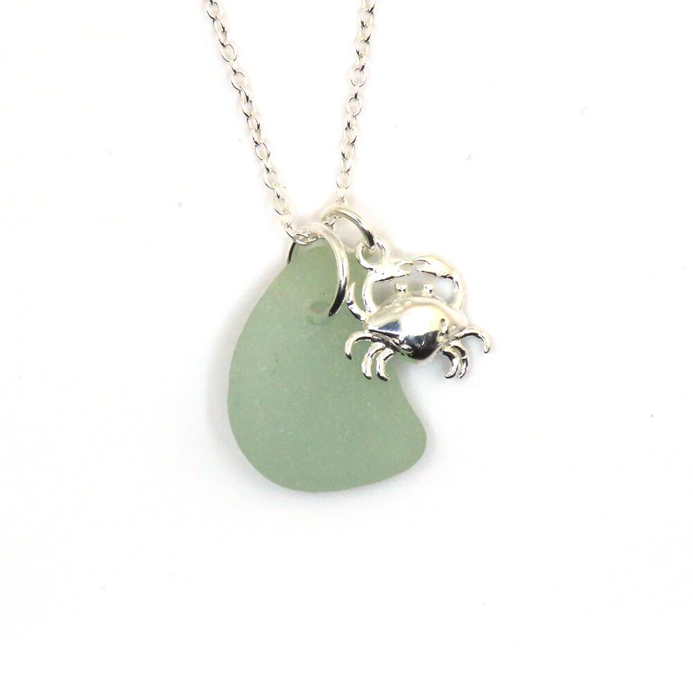Seafoam Sea Glass and Sterling Silver Crab Necklace