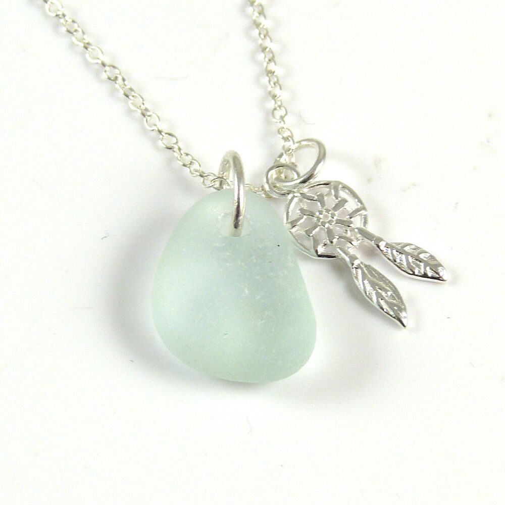 Seafoam Blue Sea Glass and Sterling Silver Dreamcatcher Necklace
