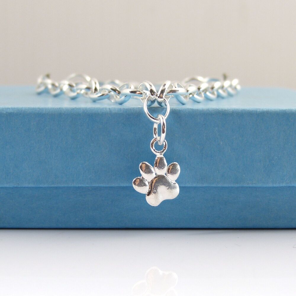 Sterling Silver Bracelet with Paw Charm, Gift for Dog Lover