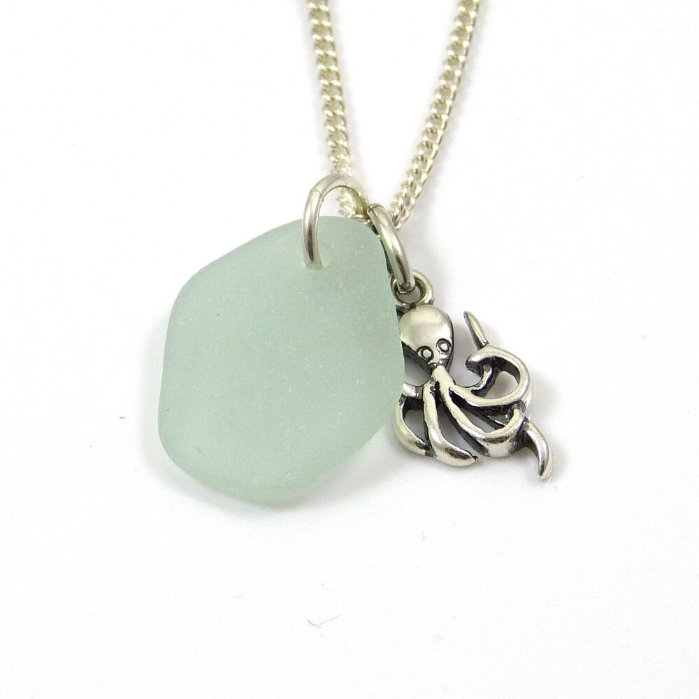 Seafoam Blue Sea Glass and Sterling Silver Octopus Necklace