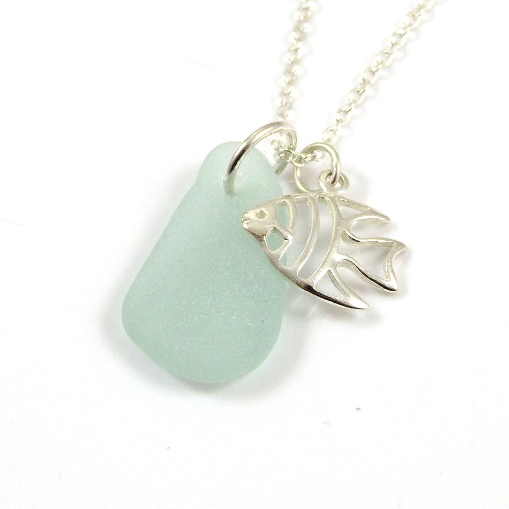 Seafoam Blue Sea Glass and Sterling Silver Fish Necklace