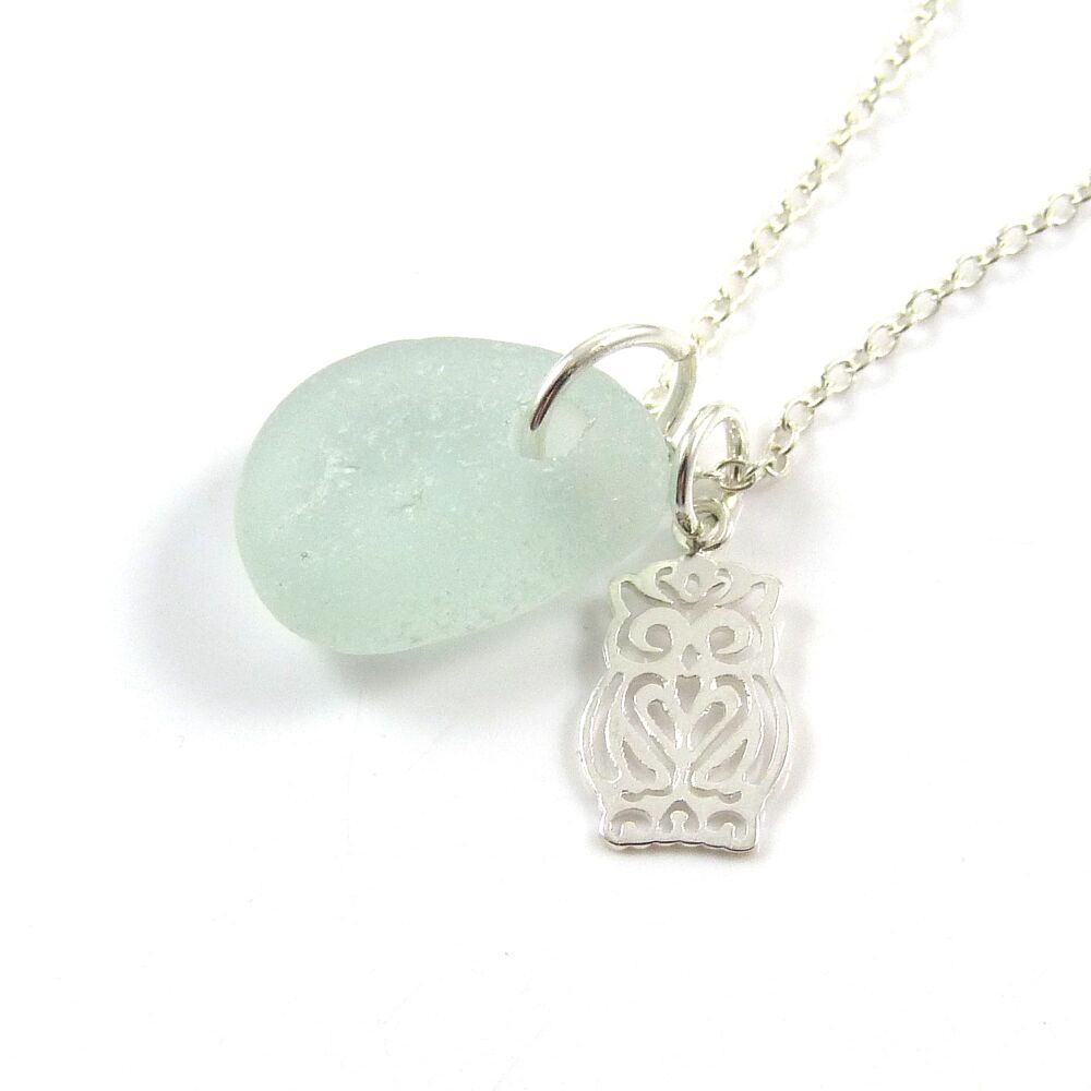 Seafoam Blue Sea Glass and Sterling Silver Owl Necklace