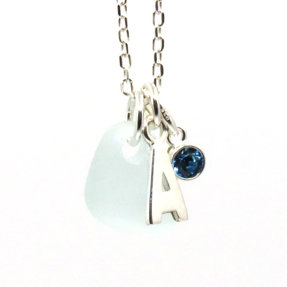 A Tiny Sea Glass Gem, Crystal Birthstone and Initial Charm Necklace, Personalised Jewellery