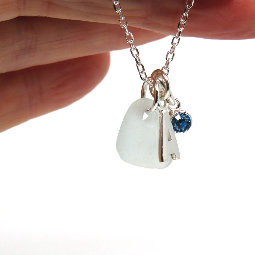 Personalised Sea Glass, Crystal Birthstone and Initial Charm Necklace