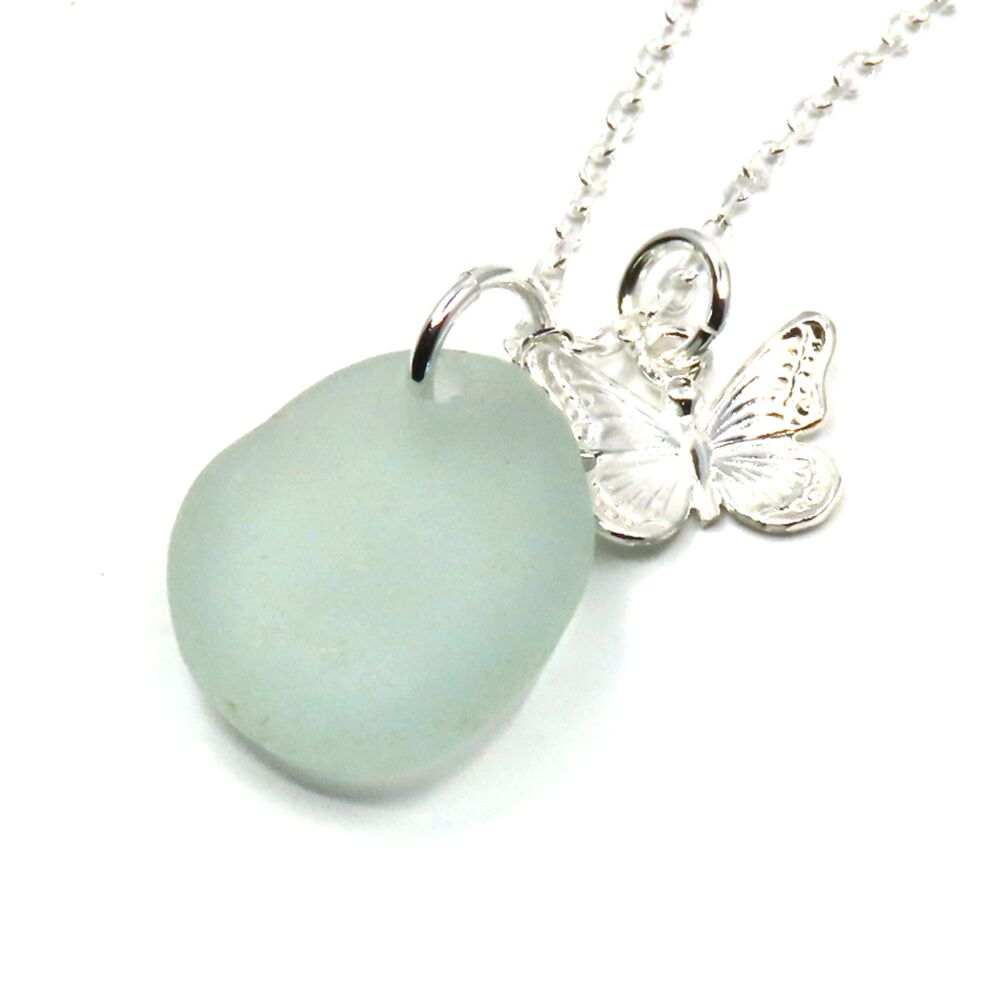 Seafoam Blue Sea Glass and Sterling Silver Butterfly Necklace