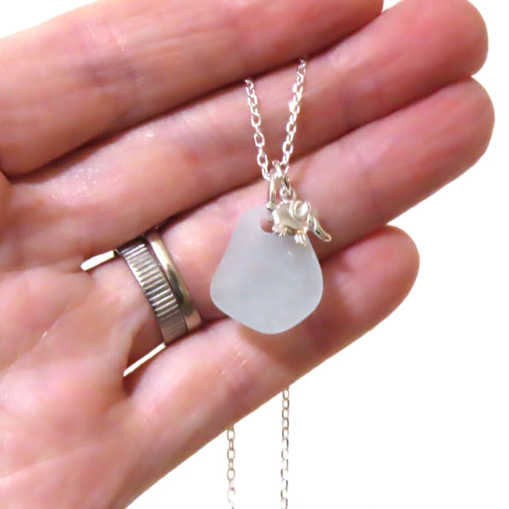 Seafoam Blue Sea Glass and Sterling Silver Elephant Necklace