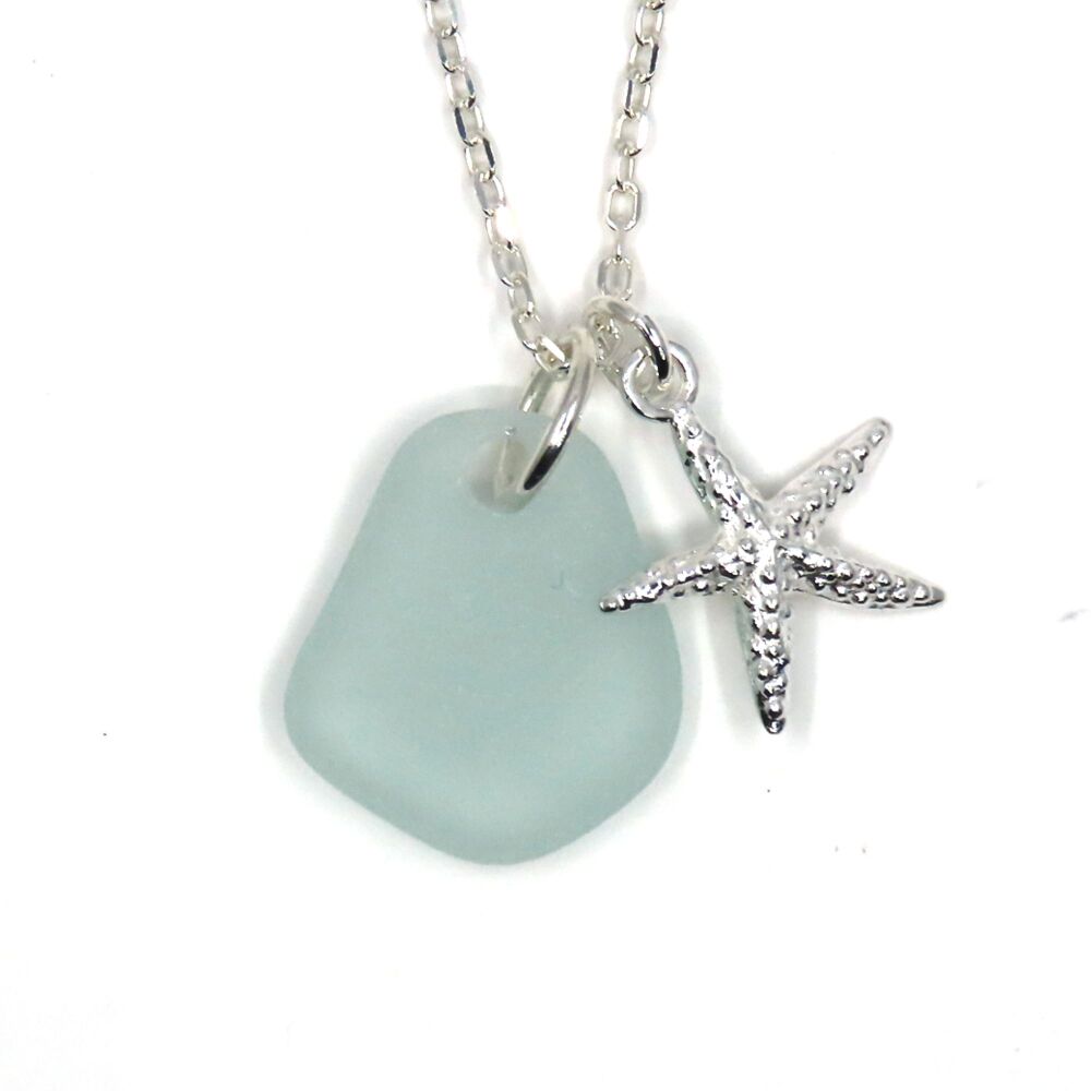 Seafoam Sea Glass and Sterling Silver Starfish Necklace