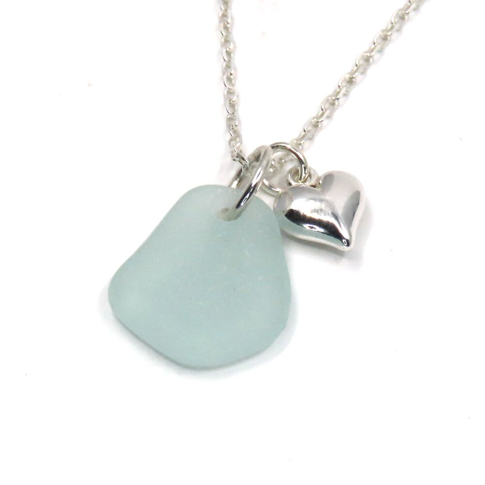 Seafoam Blue Sea Glass and Sterling Silver Puff Heart Necklace