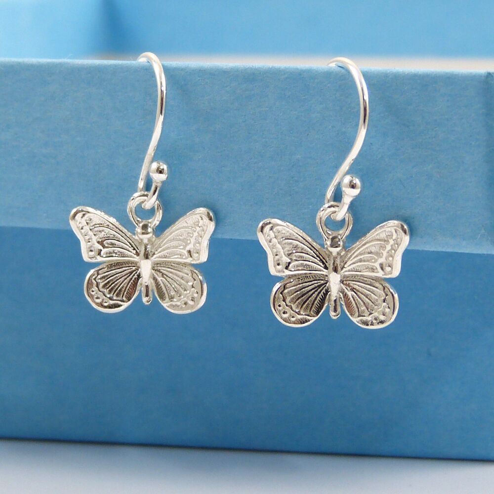 Tiny Sterling Silver Butterfly Drop Earrings, Gift for Friend
