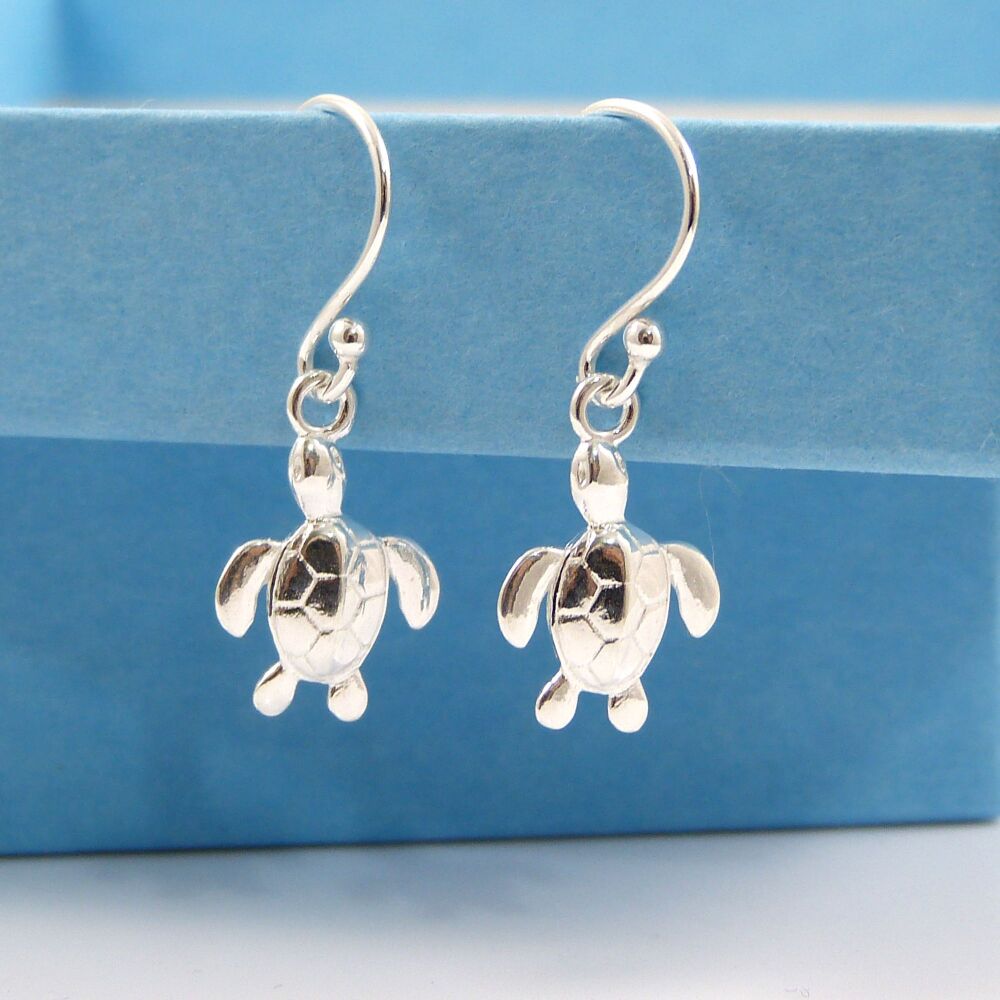 Tiny Sterling Silver Turtle Drop Earrings, Gift for Friend