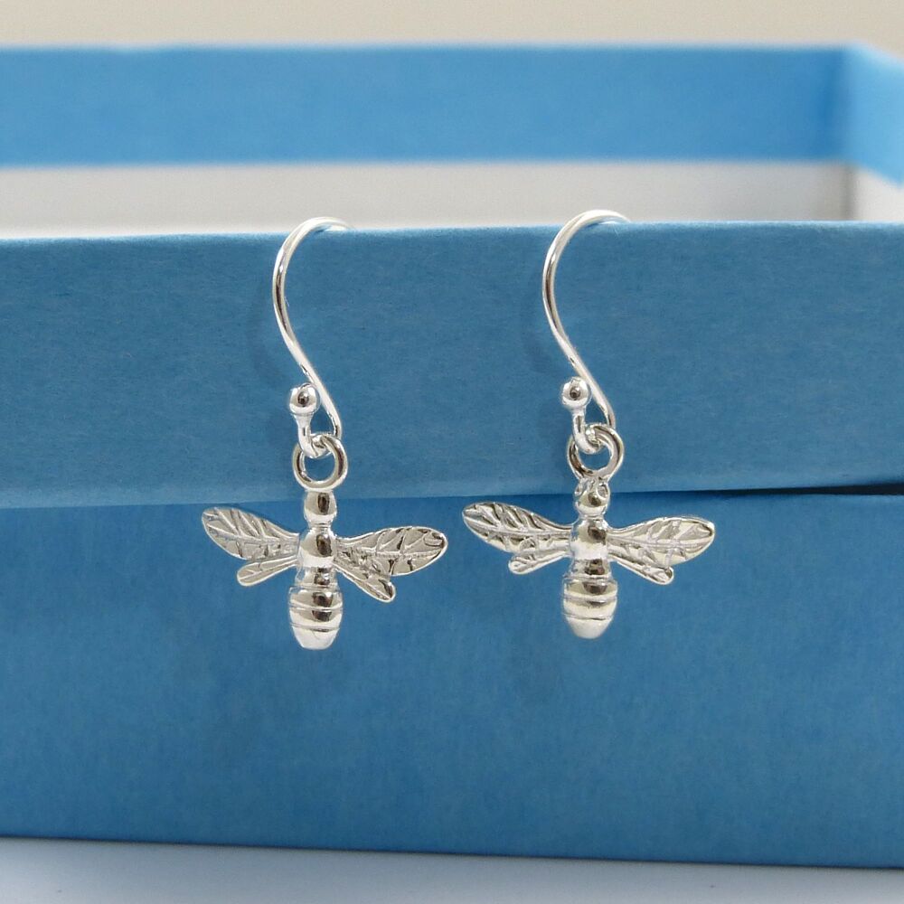 Tiny Sterling Silver Bee Drop Earrings, Gift for Friend