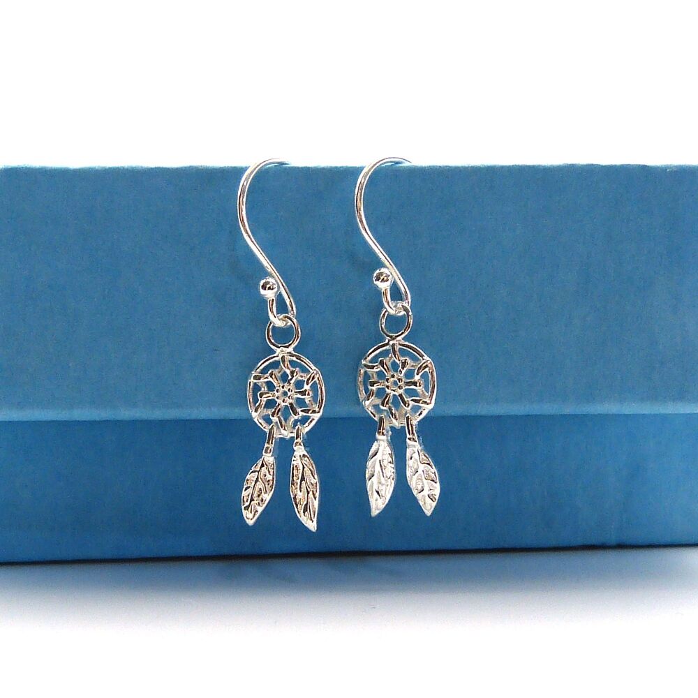 Tiny Sterling Silver Dreamcatcher Drop Earrings, Gift for Friend