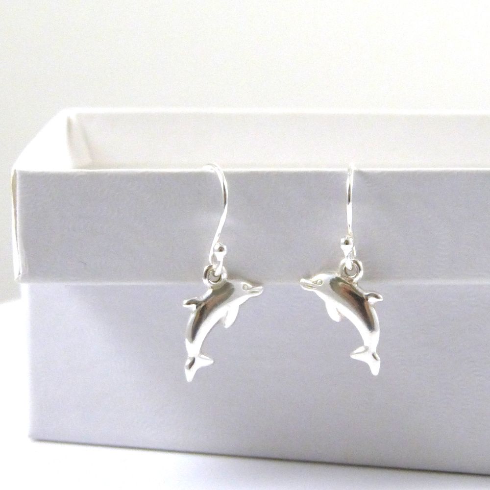 Tiny Sterling Silver Dolphin Drop Earrings, Gift for Friend