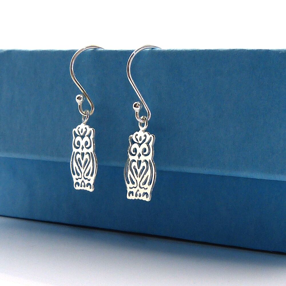 Tiny Sterling Silver Owl Drop Earrings, Gift for Friend