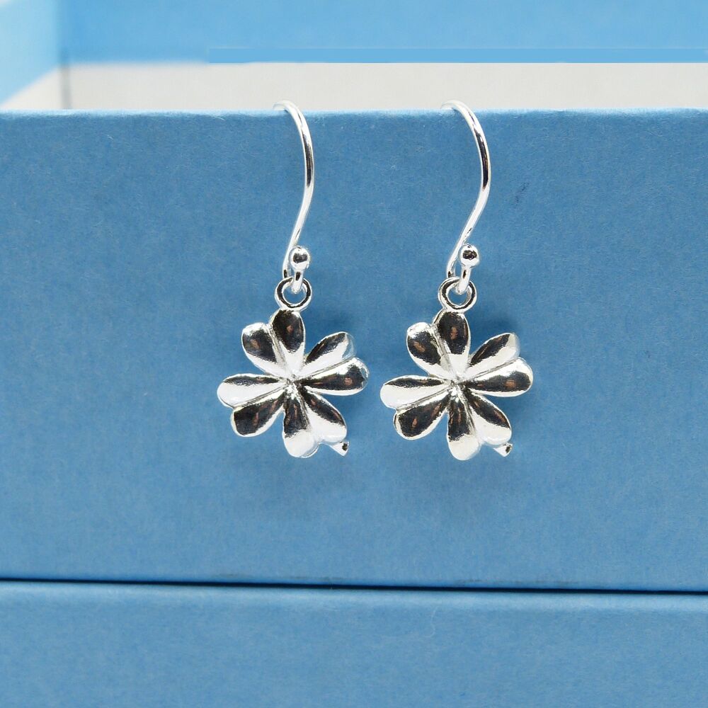 Tiny Sterling Silver Four Leaf Clover Drop Earrings, Gift for Friend