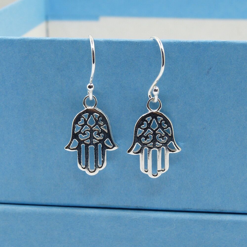 Tiny Sterling Silver Hamsa Hand Drop Earrings, Gift for Friend