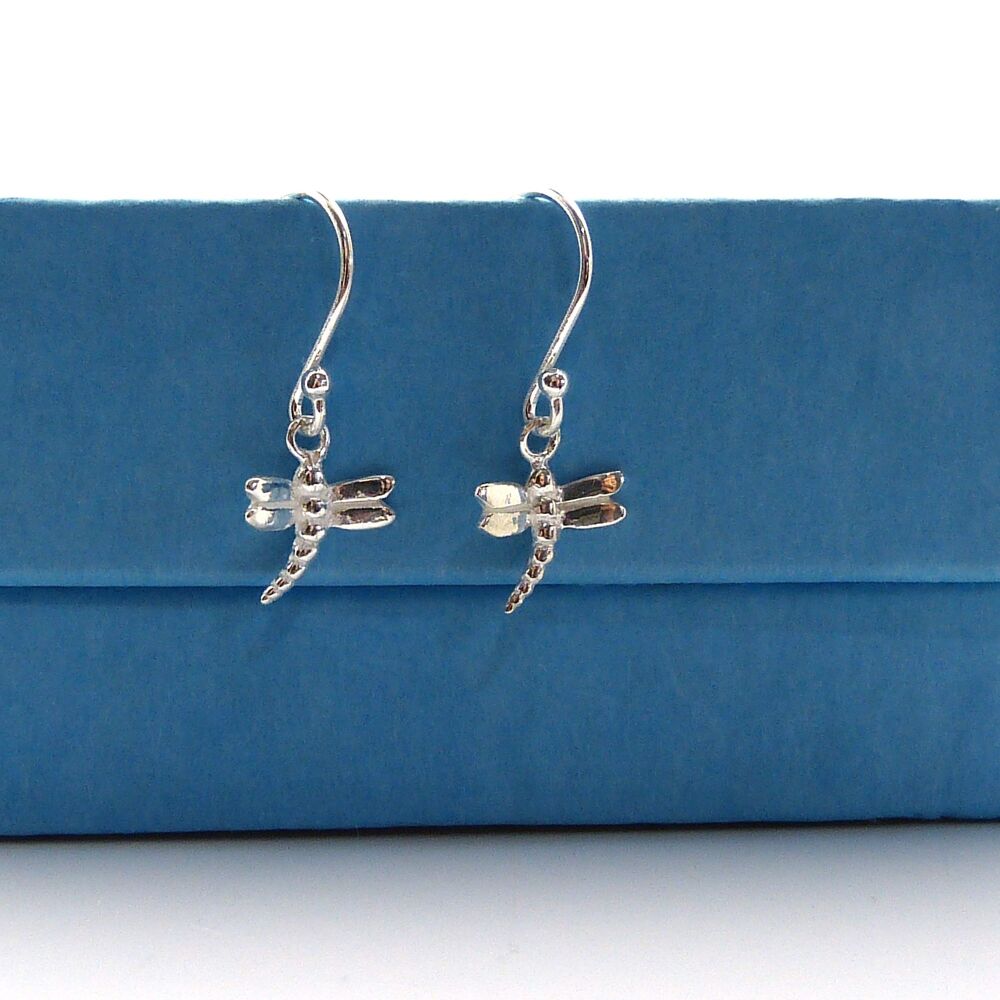 Tiny Sterling Silver Dragonfly Drop Earrings, Gift for Friend