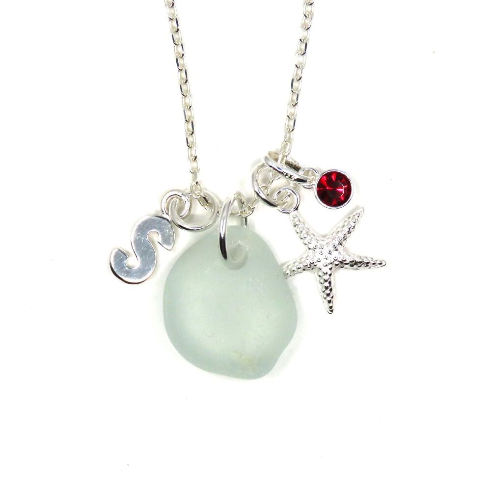 A Tiny Sea Glass Gem, Crystal Birthstone, Starfish and Initial Charm Necklace, Personalised Jewellery