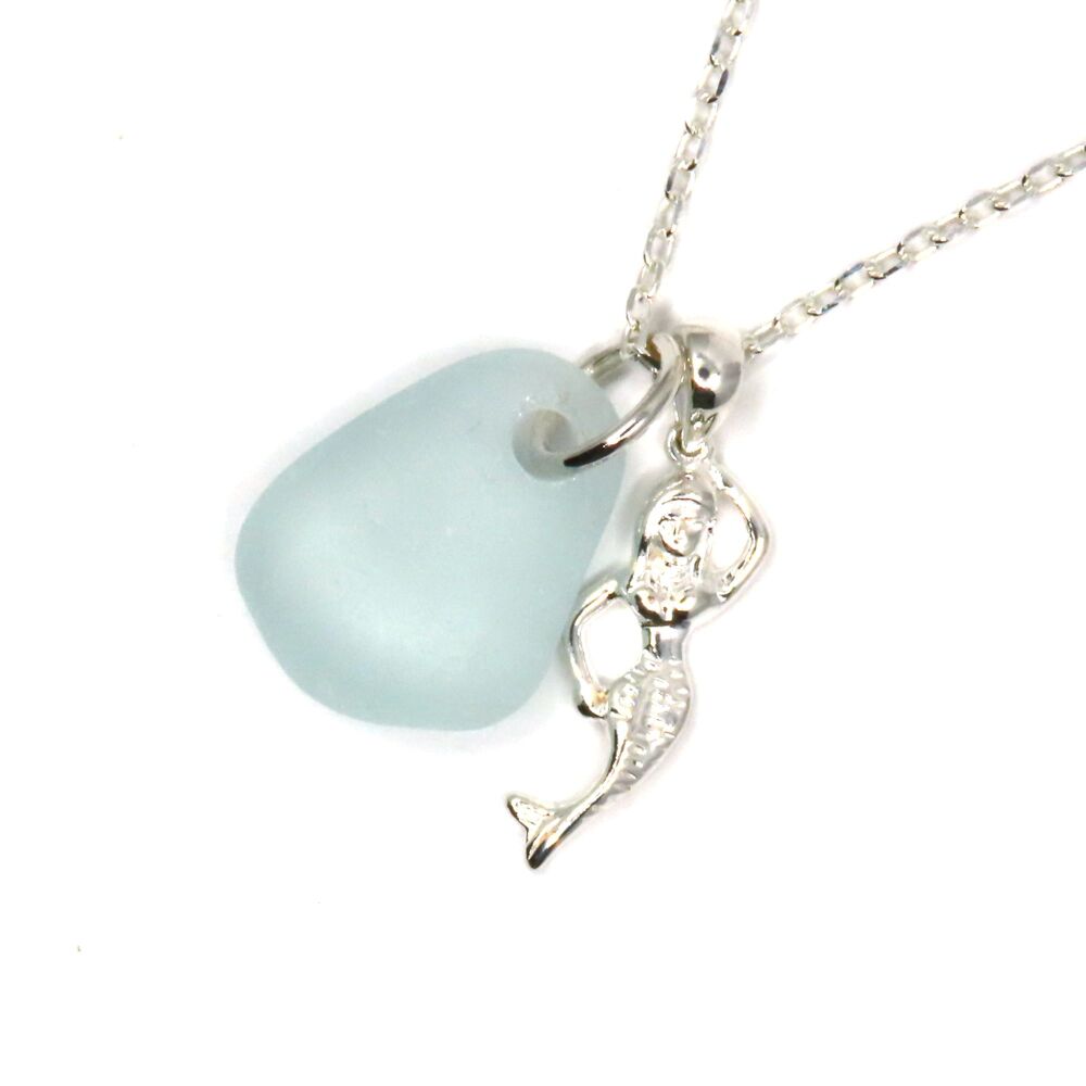 Seafoam Blue Sea Glass and Sterling Silver Mermaid Necklace