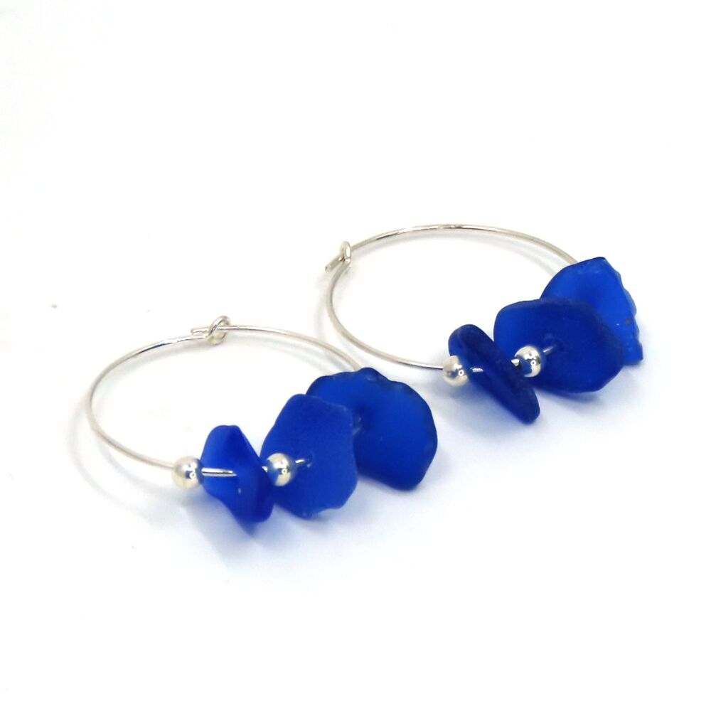 Cobalt Blue Seaglass Hoop Earrings