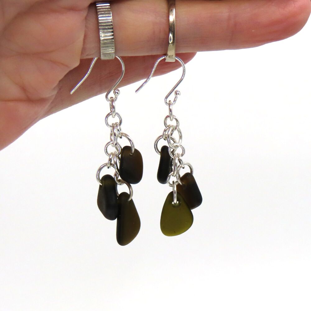 Shades of Black Sea Glass Cluster Earrings