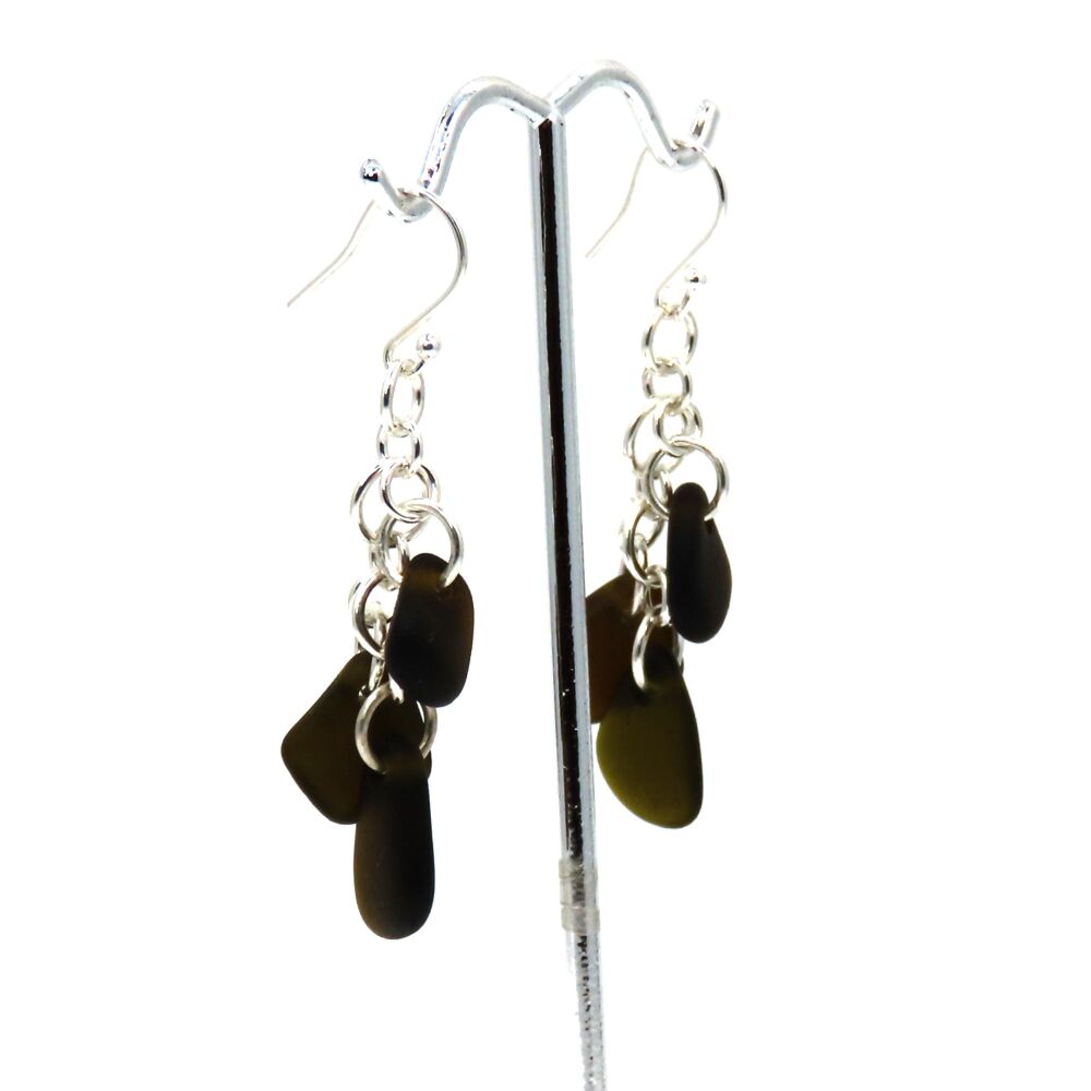 Shades of Black Sea Glass Cluster Earrings e395