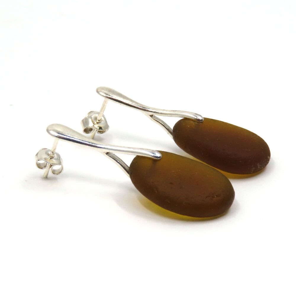 Amber Sea Glass Sterling Silver Stud Earrings