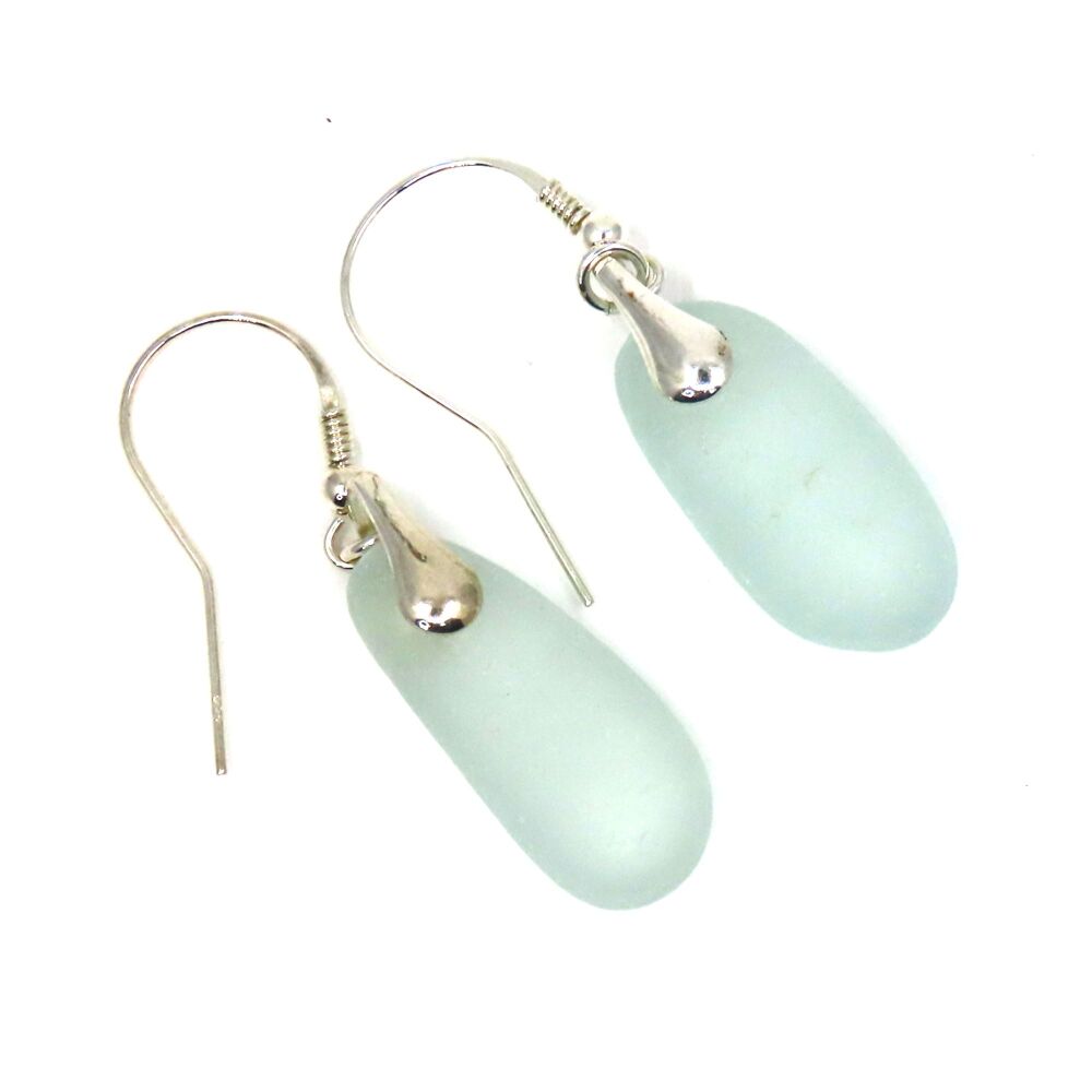Seafoam Blue Sea Glass Sterling Silver Earrings  e374