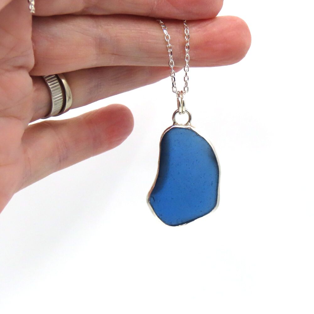 Ocean Blue Sea Glass Open Back Bezel Set Pendant Necklace MIRLA